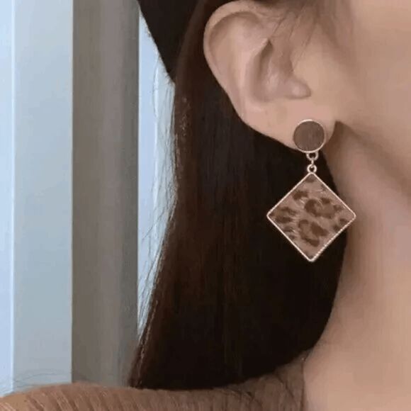 2/$21 Round Triangular Leopard Print Dangle Earrings - Picture 1 of 6